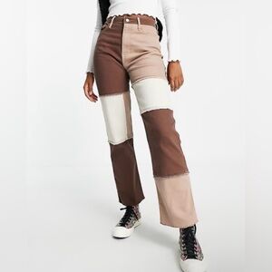 Hollister Patchwork Flare Jeans - Brown, Cream & Tan